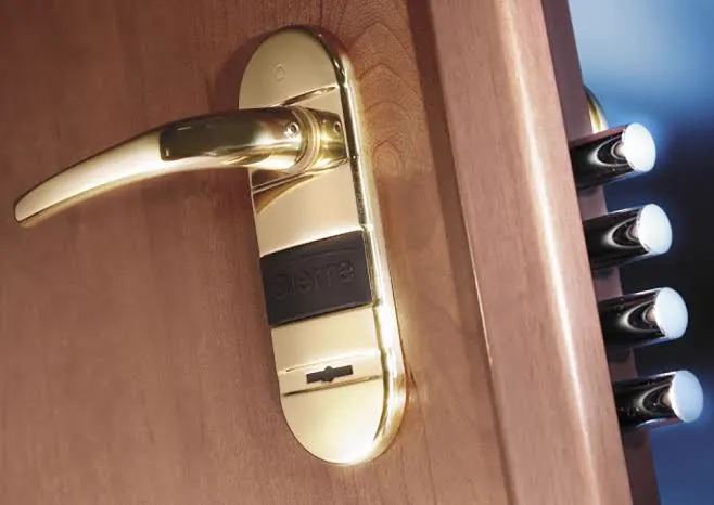 Puxador dourado e trancas de uma porta blindada Dierre