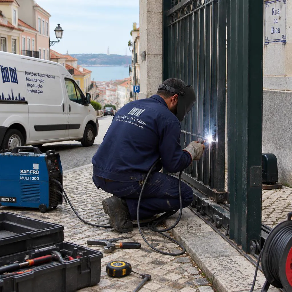 Técnico a reparar portão metálico com equipamento de soldadura numa rua de Lisboa