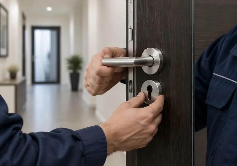 Técnico a instalar um puxador e um escudo de proteção numa porta de apartamento